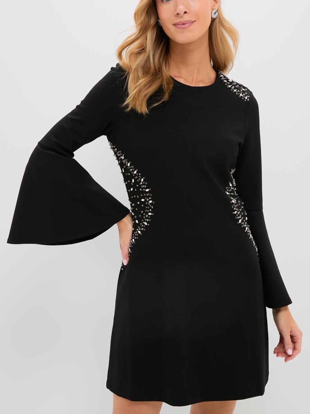 Tuckernuck Farrow Black Crystal Embellished Bell Sleeve Mini Dress M